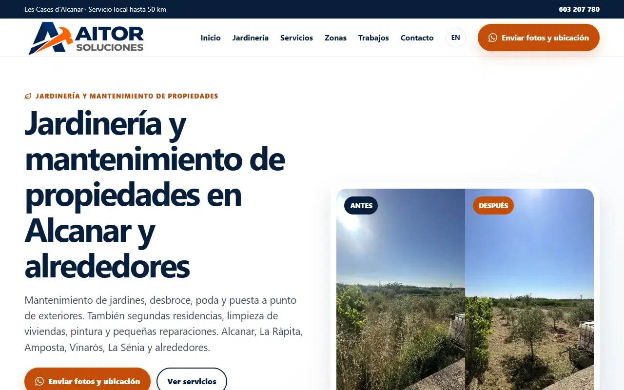 Captura de la página de inicio de Aitor Soluciones: titular sobre jardinería y mantenimiento de propiedades en Alcanar y alrededores, menú, botón para enviar fotos y ubicación, y una comparación real de antes y después.