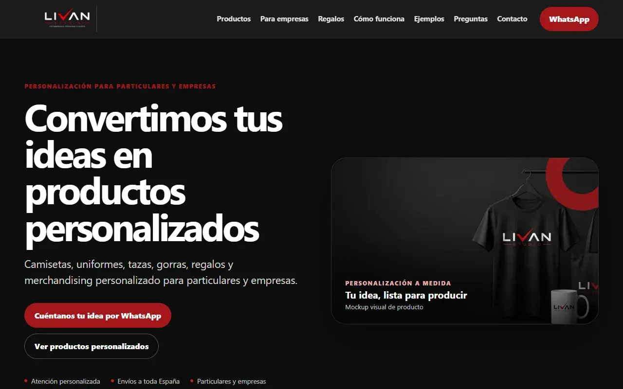 Captura de la página de inicio de Livan Studio: titular «Convertimos tus ideas en productos personalizados», menú, botón de WhatsApp y un mockup visual de camiseta y taza.